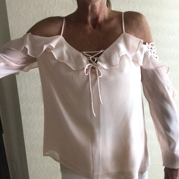 Guess Tops - GUESS NUDE BLUSH LONG SLEEVE COLD SHOULDER TOP